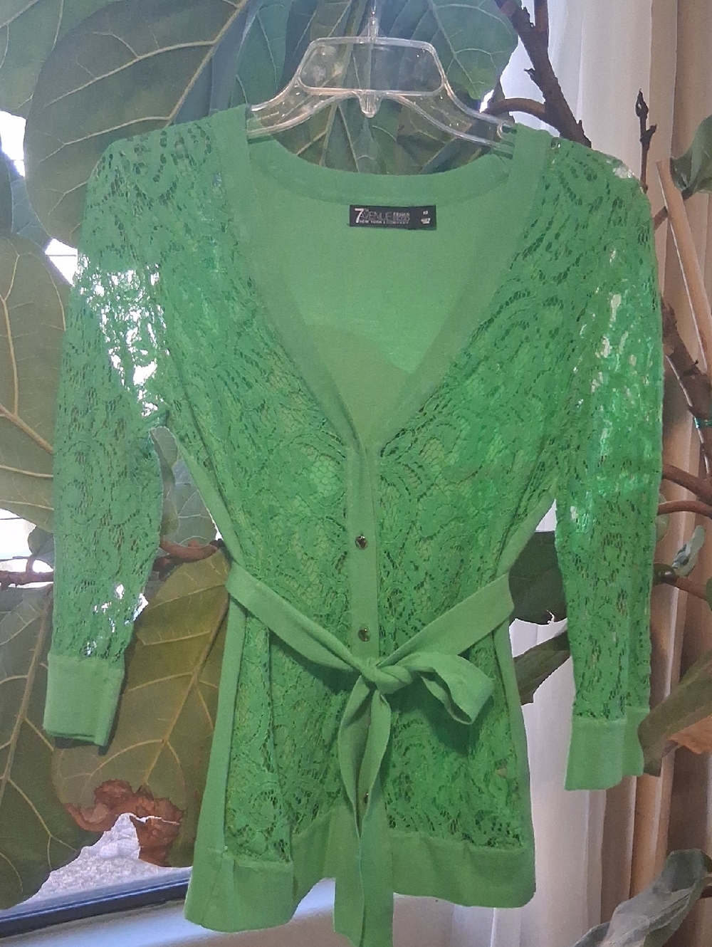 New York & Company Green Lace Tie-Waist Cardigan